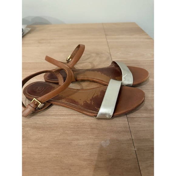 Tory Burch Laurel Sandals Women's Size 10M Tan Leather Silver Band Ankle Strap - Picture 1 of 8